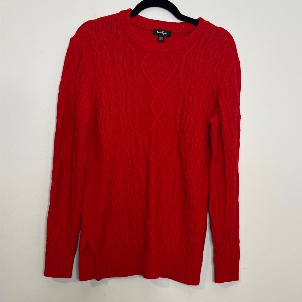 Red Cable Knit Sweater Lord & Taylor crew neck loose fit